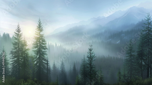 A forest with a mountain in the background