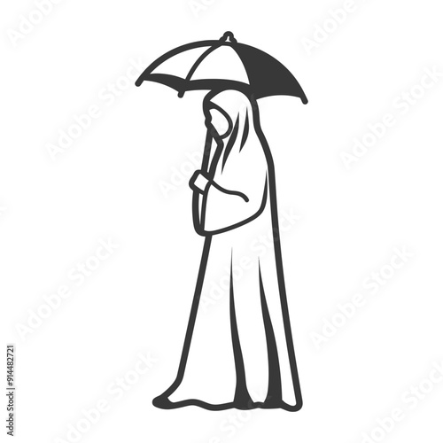 Elegant Muslim Woman in Abaya Under Parasol, Line Art Illustration