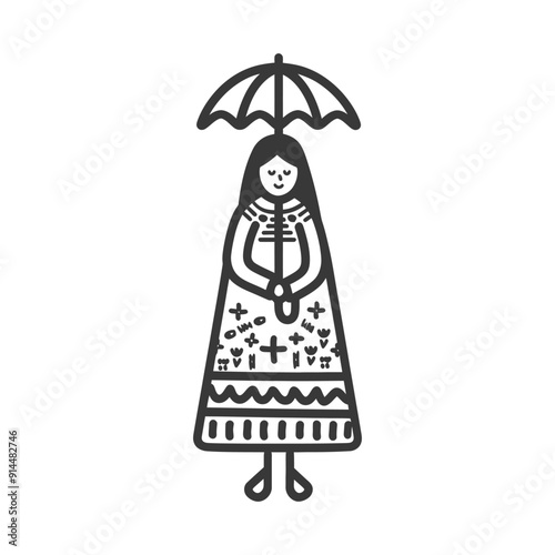 Folk Art Illustration:  Embroidered Dress Woman with Parasol
