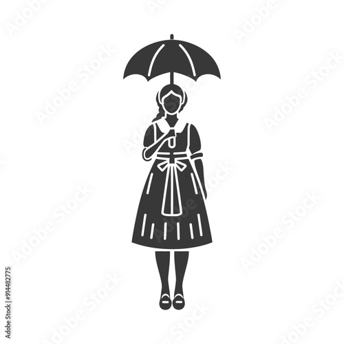 Dirndl-Clad Woman with Parasol: Monochrome Icon Illustration
