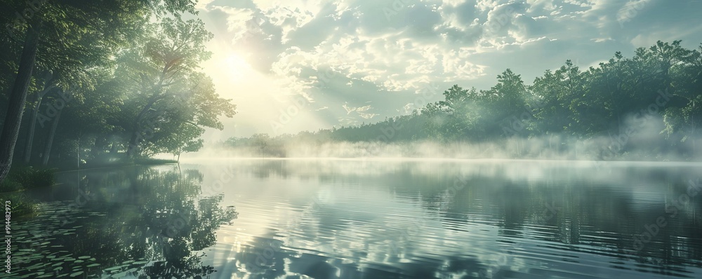 Serene lake with a misty morning, 4K hyperrealistic photo