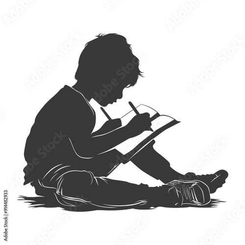 Silhouette of Child Intensely Writing in Notebook, Grounded Sketch