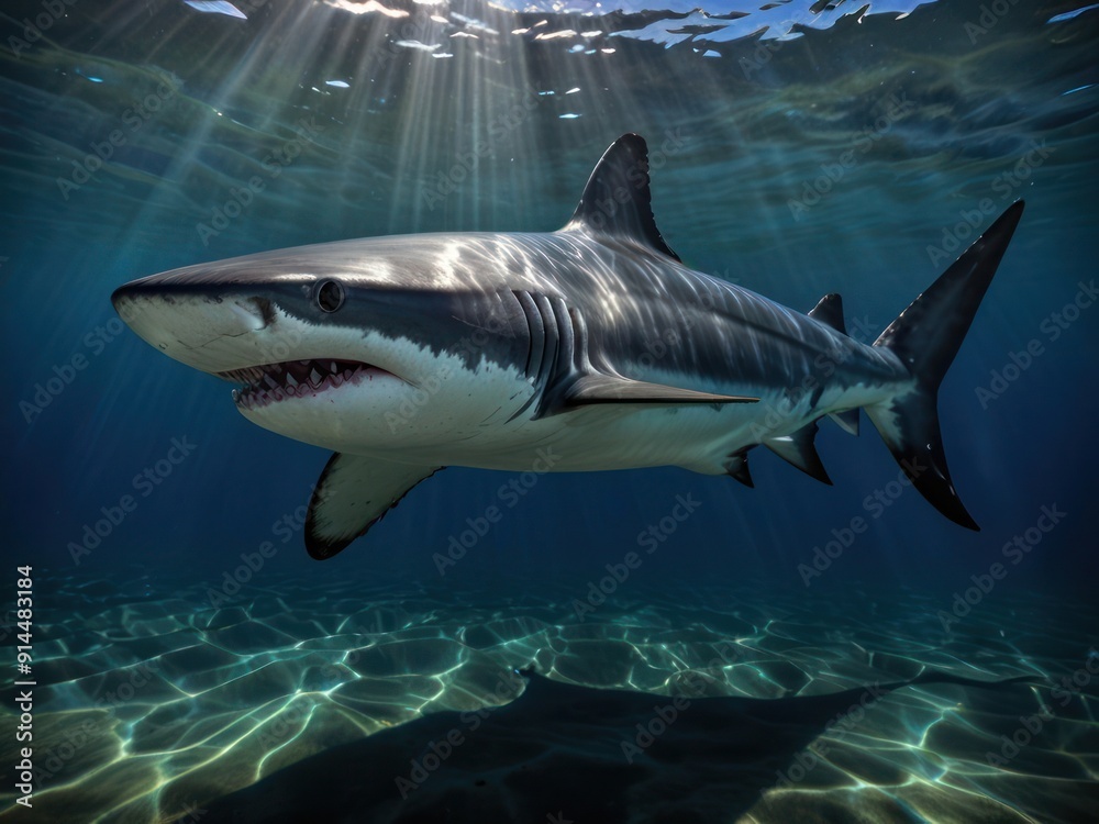 Fototapeta premium Great White Shark Swimming Powerfully in the Pristine Ocean Depths