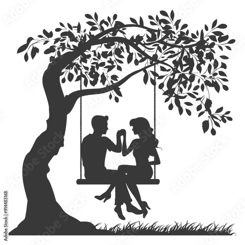 Silhouette Couple Romantic Tree Swing, Monochrome Love Illustration