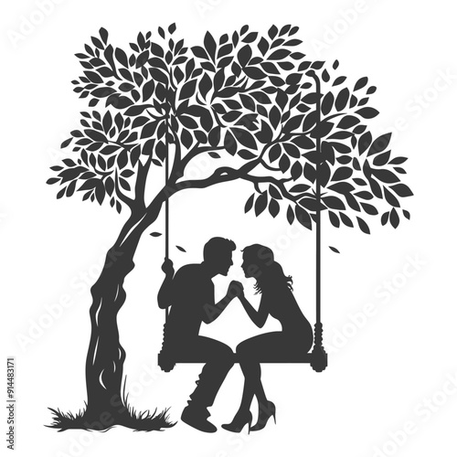 Silhouette Couple on Tree Swing, Romantic Leafy Canopy