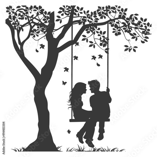 Silhouette Couple Romantically Sharing a Tree Swing in Autumn