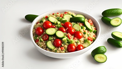 A bowl of colorful quinoa salad with cherry tomatoes, cucumbers, and avocado on a white background