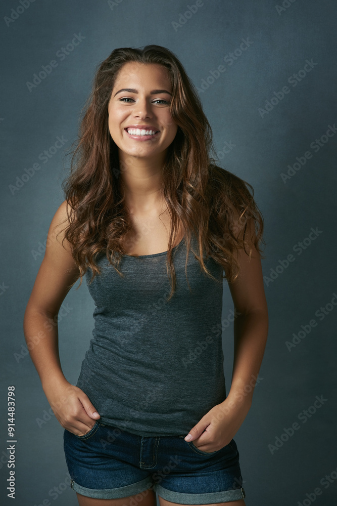 Hair, fashion and portrait of woman in studio for wellness, texture and natural growth on gray background. Salon, attractive and face of isolated person with confidence, happy and pride with shine Hair, fashion and portrait of woman in studio for wellness, texture and natural growth on gray background. Salon, attractive and face of isolated person with confidence, happy and pride with shine