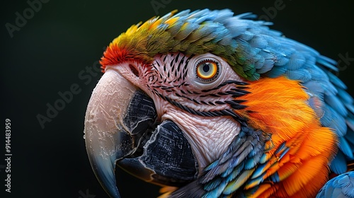 Detailed shot of Macaw's Ara genus powerful beak highlighting strength precision intricate textures vibrant colors adding depth character to the image Keywords Macaw beak closeup strength precision photo