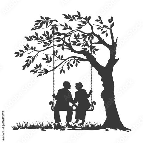 Silhouette of Elderly Couple on Tree Swing, Romantic Garden Scene