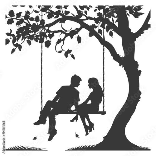 Silhouette Couple Romantically Sharing a Tree Swing