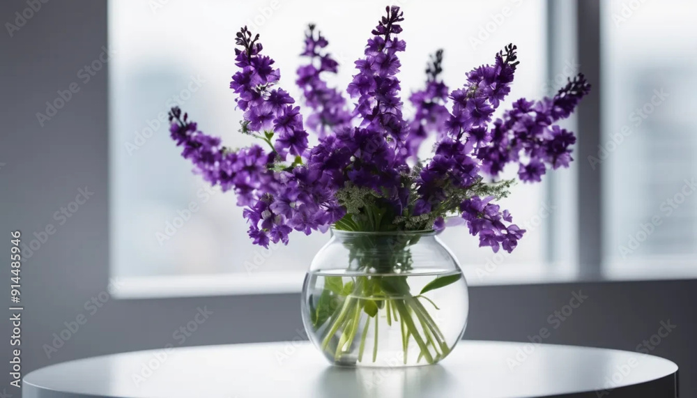 Purple flowers in a vase on the white table. Purple flowers in a vase on the white table.