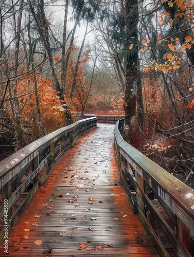 beautiful boardwalk at billy frank jr nisqually national wildlife refuge in autumn in olympia wa photo