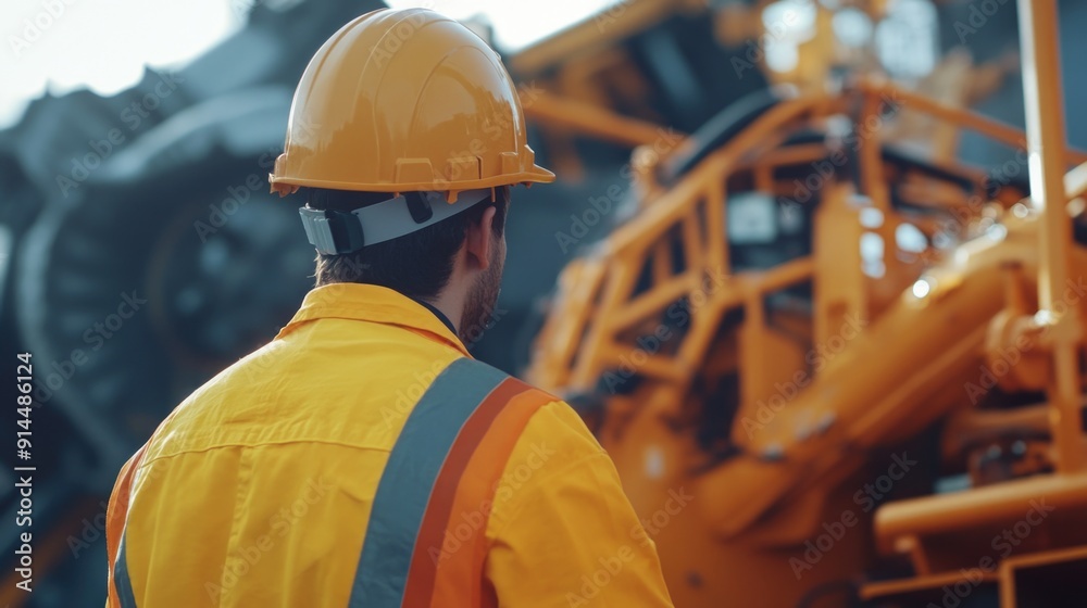 A worker wearing a hard hat stands next to a piece of industrial machinery, possibly preparing for maintenance or operation