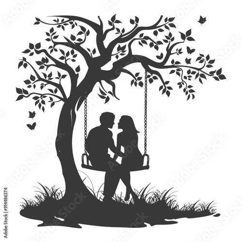 Silhouette Couple Romantically Sharing a Tree Swing in Spring