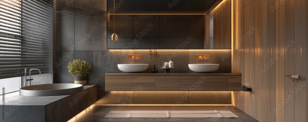 Modern bathroom with a floating vanity, sleek fixtures, and minimalist décor, 4K hyperrealistic photo Modern bathroom with a floating vanity, sleek fixtures, and minimalist décor, 4K hyperrealistic photo