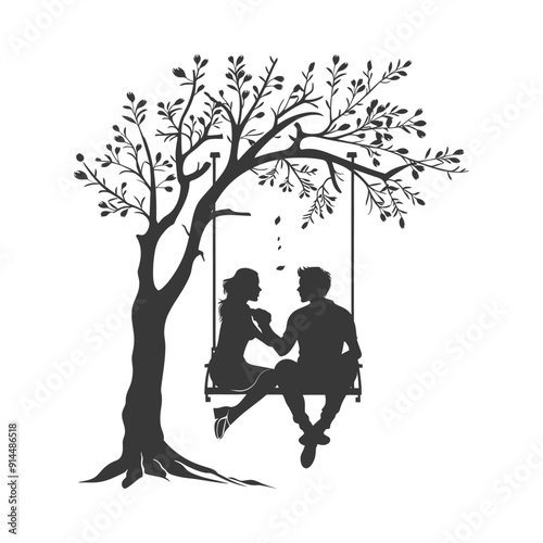Silhouette Couple Romantically Sharing a Tree Swing