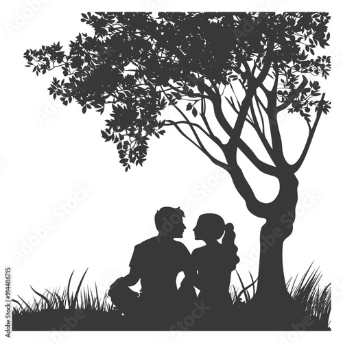 Silhouette Couple Romantically Seated Under Leafy Tree Canopy