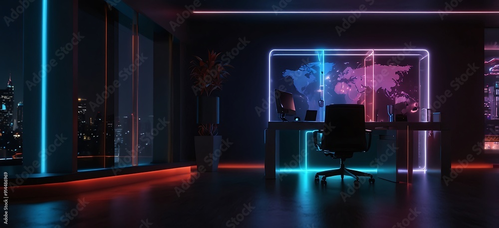 Robotic gamer room with colorful neon lights in future Robotic gamer room with colorful neon lights in future