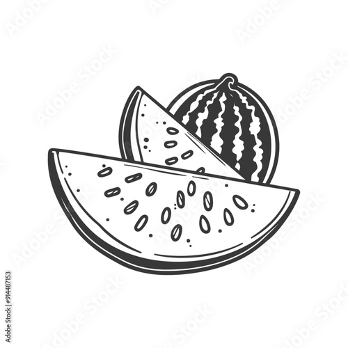 Monochromatic Sketch: Juicy Watermelon Slices and Whole Fruit