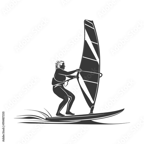 Silhouette of a Mature Windsurfer, Dynamic Pose, Monochrome Illustration