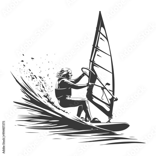 Monochrome Windsurfer Carving Wave, Dynamic Sketch Illustration