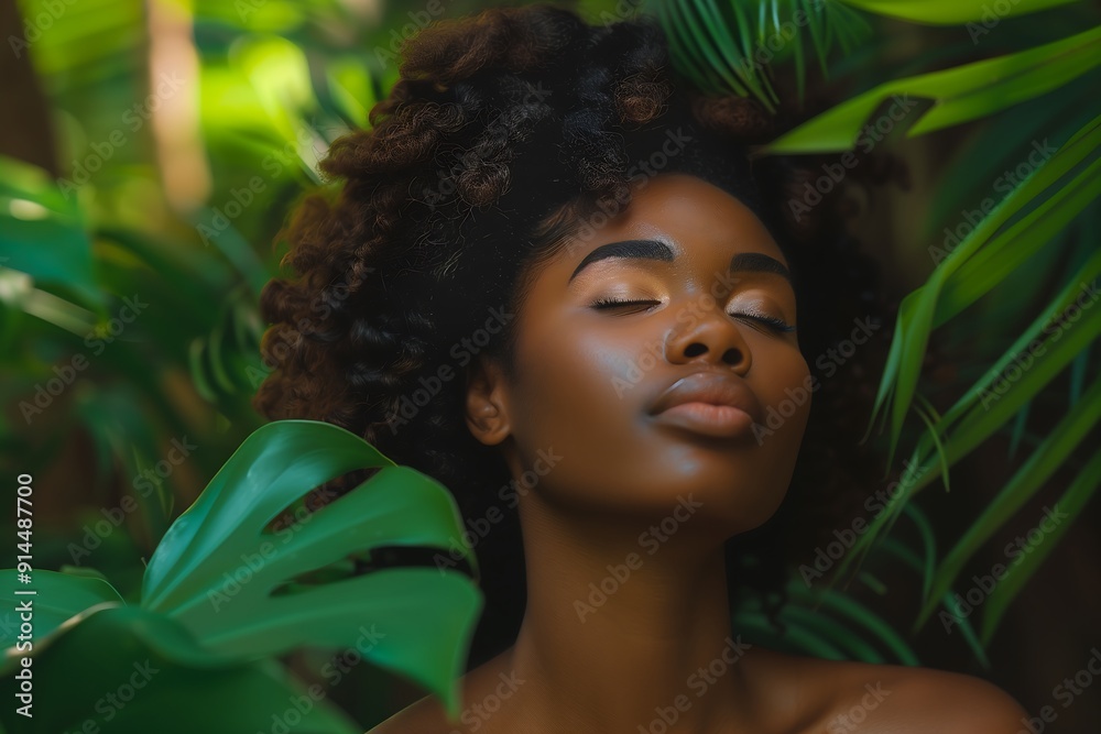Serene Woman Relaxing Among Lush Greenery, Eyes Closed in Peace Serene Woman Relaxing Among Lush Greenery, Eyes Closed in Peace