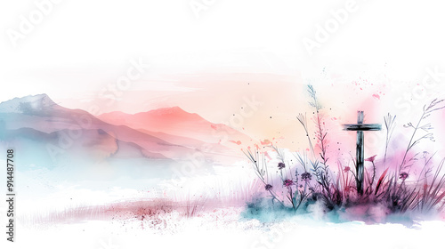 Fototapeta Naklejka Na Ścianę i Meble -  Christian cross with flowers and watercolor mountain background faith religion christianity hope god jesus christ spiritual illustration scenic nature landscape
