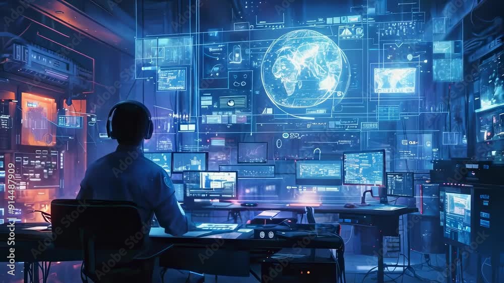 An individual is seated in a futuristic, high-tech control room with numerous monitors displaying data. The scene is set at night, illuminating the control room with a blue and orange glow. The An individual is seated in a futuristic, high-tech control room with numerous monitors displaying data. The scene is set at night, illuminating the control room with a blue and orange glow. The
