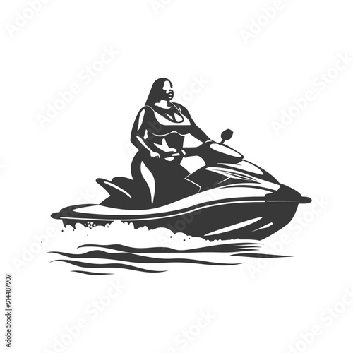 Plus-Size Woman Enjoying a Jet Ski Ride: Monochrome Illustration
