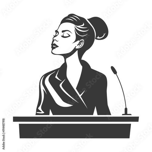 Serene Speaker: Monochrome Vector Illustration of Woman at Podium