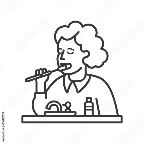 Line Art Illustration: Person with Curly Hair Brushing Teeth at Sink