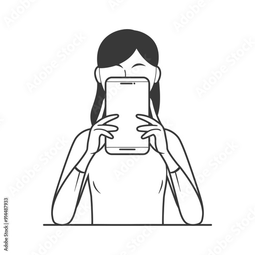 Woman Hiding Face Behind Smartphone, Monochrome Illustration