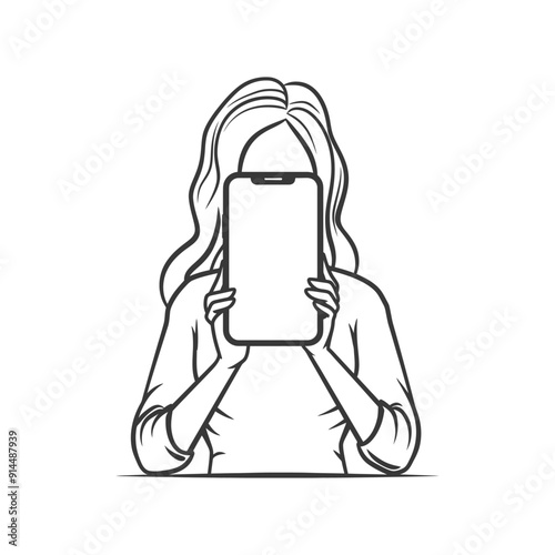 Woman Hiding Face Behind Blank Smartphone Screen, Line Art Illustration