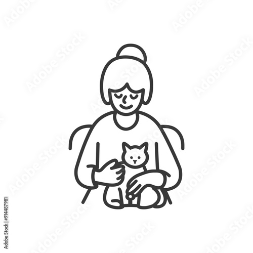 Serene Line Art: Woman Gently Cradling Cat on Lap