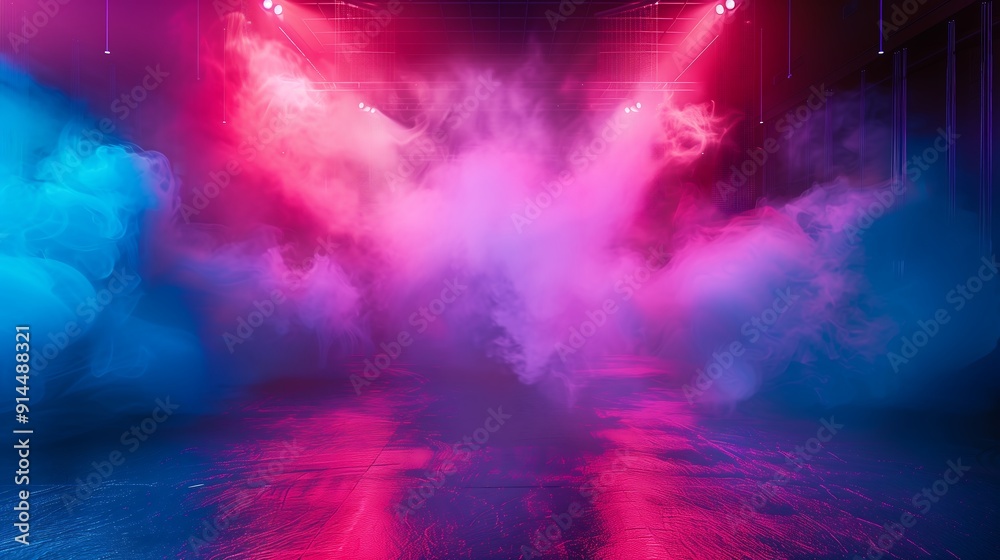 Neon Pink and Blue Fog Filling an Empty Event Space Neon Pink and Blue Fog Filling an Empty Event Space