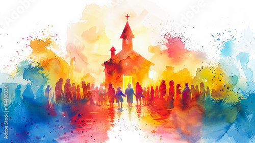 Colorful watercolor church building with open door cross shining light people crowd religion Christianity hope faith spiritual God Jesus Christ belief concept abstract background