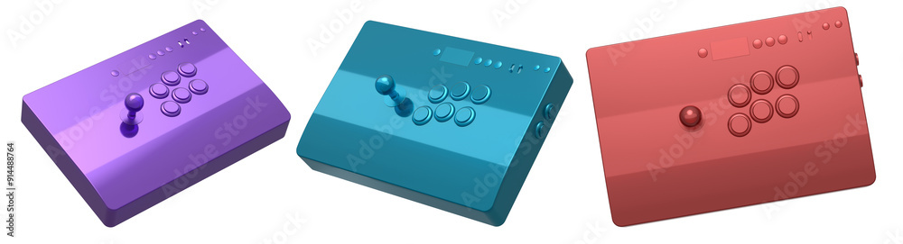 A set of three colorful arcade joysticks, catering to retro gaming enthusiasts isolated on white background with clipping path A set of three colorful arcade joysticks, catering to retro gaming enthusiasts isolated on white background with clipping path