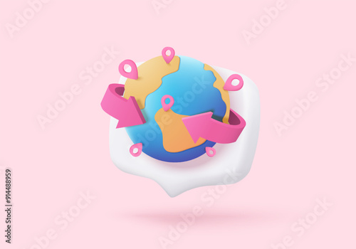 3D earth globe with pinpoints online deliver service, delivery tracking, pin location point marker of shipment. Product shipping out from world map. 3d geography sphere icon vector render illustration
