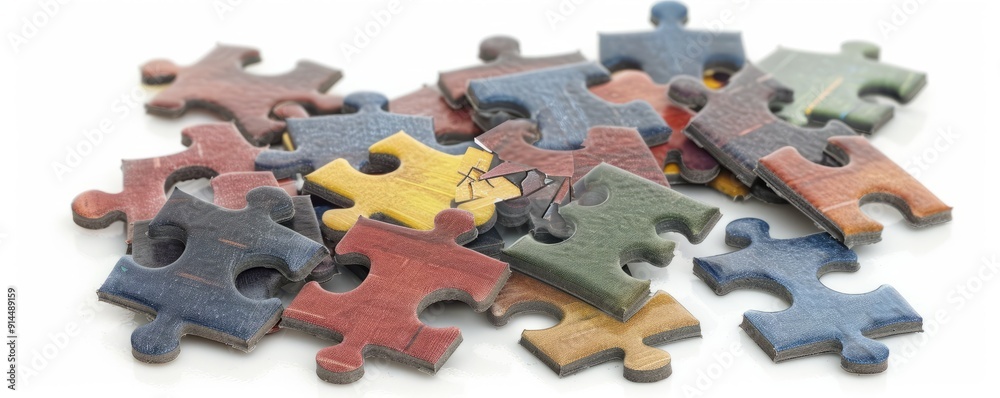 Isolated jigsaw puzzle pieces on white background, 4K hyperrealistic photo Isolated jigsaw puzzle pieces on white background, 4K hyperrealistic photo