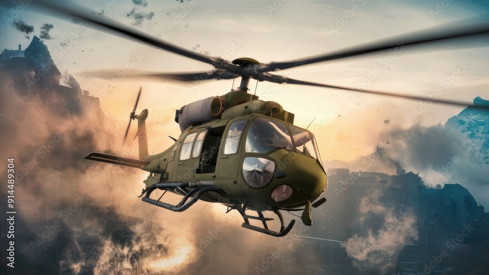 Military helicopter in flight from a frontal perspective Isolated image suitable for prints posters and illustrations Military helicopter in flight from a frontal perspective Isolated image suitable for prints posters and illustrations