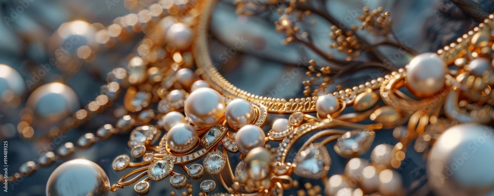 Intricate gold necklace with cascading pearls and gemstones, 4K hyperrealistic photo Intricate gold necklace with cascading pearls and gemstones, 4K hyperrealistic photo