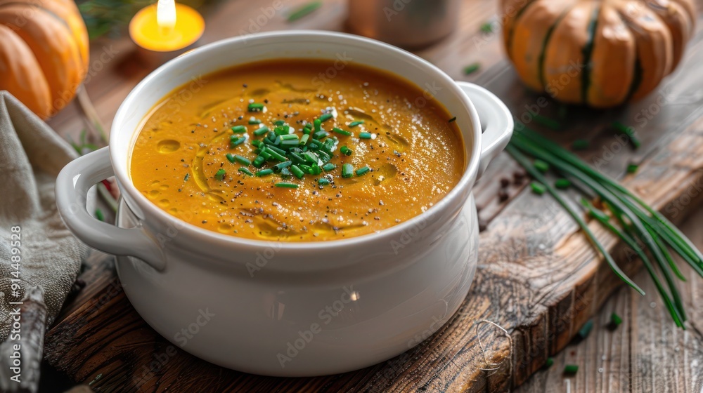 Mid-angle shot of a creamy pumpkin soup in a white ceramic bowl, accented with green chives, on a rustic wooden table with a small candle decore Mid-angle shot of a creamy pumpkin soup in a white ceramic bowl, accented with green chives, on a rustic wooden table with a small candle decore