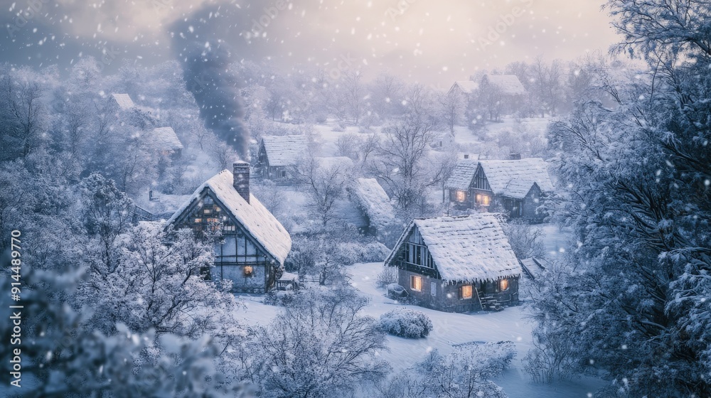 Snow blankets the quaint village as smoke rises from chimneys, creating a cozy and serene winter atmosphere Snow blankets the quaint village as smoke rises from chimneys, creating a cozy and serene winter atmosphere