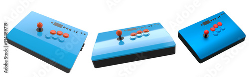 A set of three colorful arcade joysticks, catering to retro gaming enthusiasts isolated on white background with clipping path