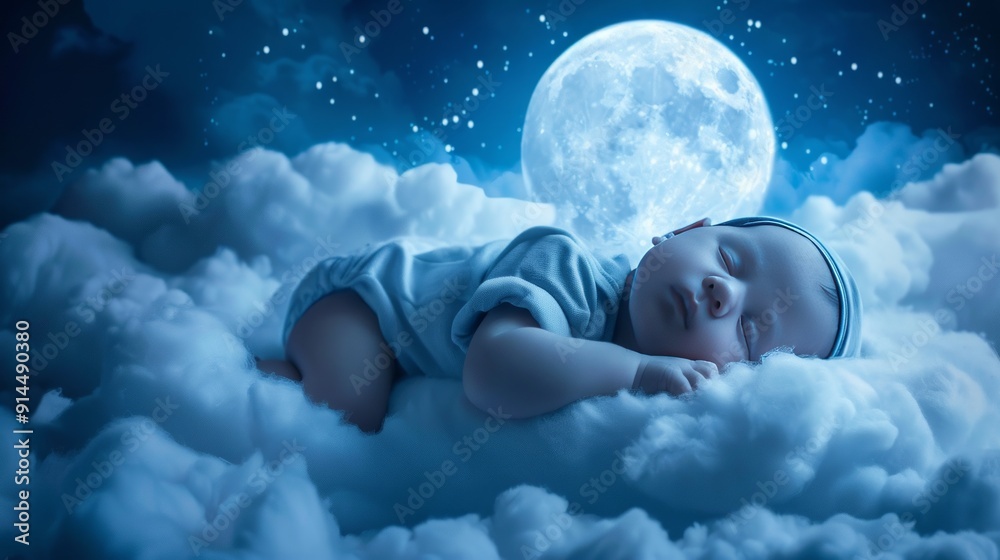 A baby peacefully sleeps on soft clouds under a full moon in a starry night, creating a serene scene A baby peacefully sleeps on soft clouds under a full moon in a starry night, creating a serene scene