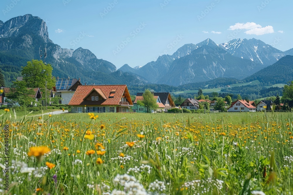 Fototapeta premium Alpine Village Nestled Among Lush Meadows and Majestic Mountains