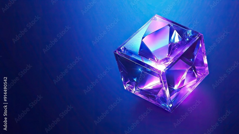 3D holographic cube with crystal blocks in purple color, set against a blue background for a contemporary and striking vector design. 3D holographic cube with crystal blocks in purple color, set against a blue background for a contemporary and striking vector design.