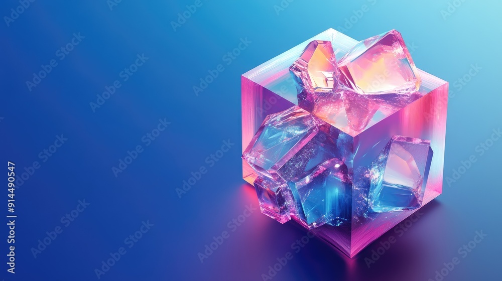 3D holographic abstract cube with crystal blocks and purple texture, isolated on a blue background for a stylish and contemporary vector design. 3D holographic abstract cube with crystal blocks and purple texture, isolated on a blue background for a stylish and contemporary vector design.
