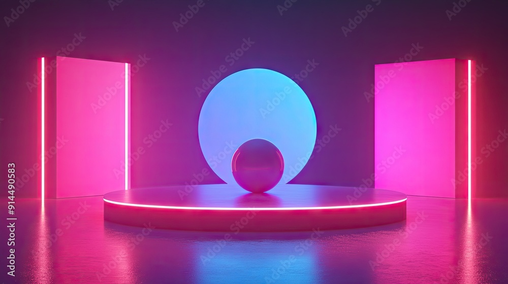3D render of luminous, shiny shapes on a neon gradient stage, creating an elegant and futuristic visual effect. Ideal for digital art and presentations. - 3D render of luminous, shiny shapes on a neon gradient stage, creating an elegant and futuristic visual effect. Ideal for digital art and presentations. -